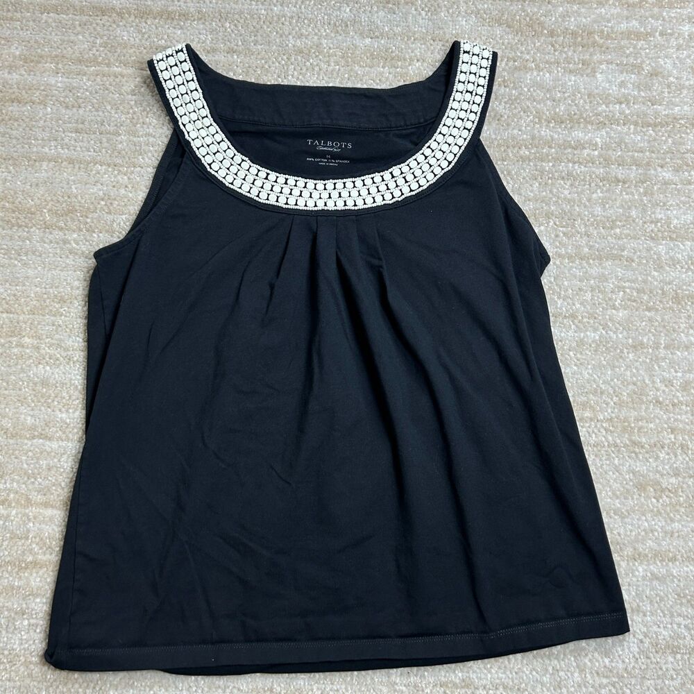 Talbots Vintage Blouse Women M Black Embellished Neck Sleeveless Shirt Top